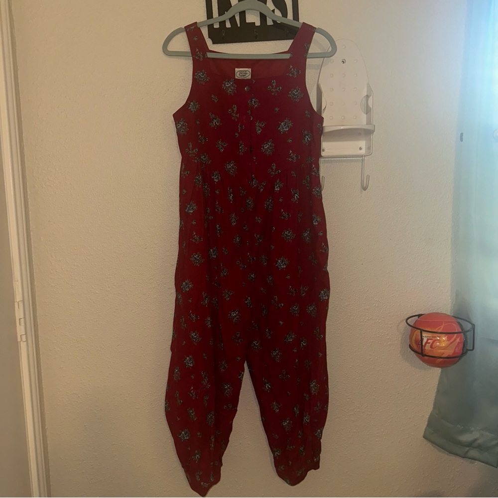 Laura Ashley 80s Red Floral Corduroy Jumpsuit Vintage Calico Romper Jumpsuit - Picture 2 of 7